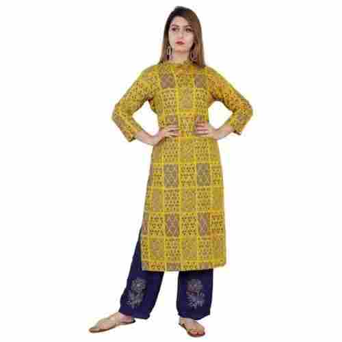 Indian Wear 3/4th Sleeved Rayon Hand Block Printed Kurti With Palazzo For Women