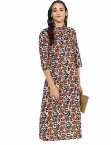 Casual Wear Round Neck 3/4 Sleeves Printed Cotton Kurti For Women