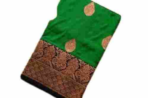 Ladies Green With Golden Resam Embroidered Party Wear Soft Cotton Silk Saree