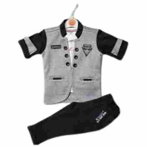 Boys Black With Grey Printed Short Sleeve Baba Coat And Pant