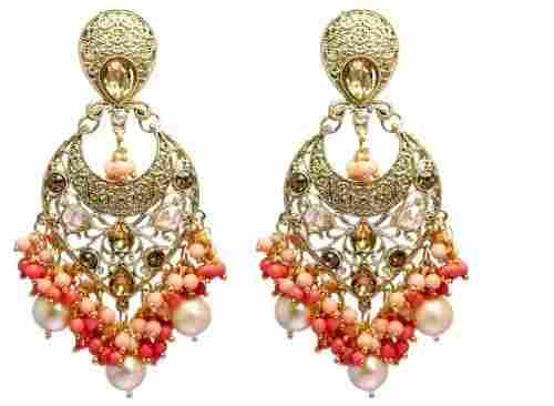 2.5 Inches Long Pearls Stone Party Wear Brass Earrings For Women
