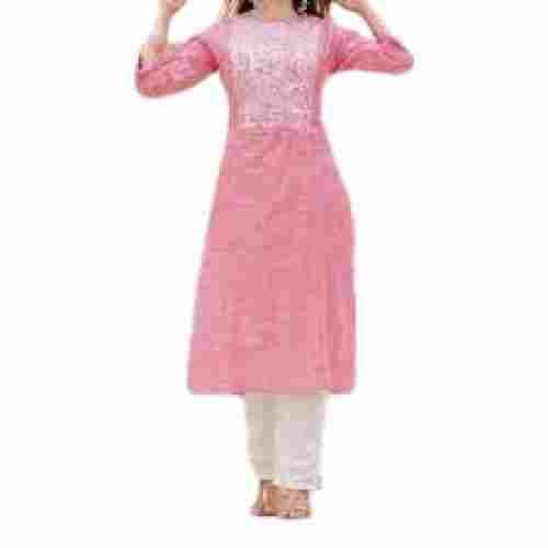 Pink With White Embroidered 3-4th Sleeve Breathable Cotton Fancy Kurtis