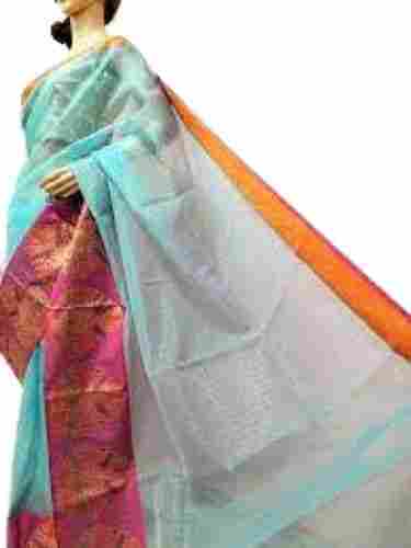 Green Color With Red Border Plain Pattern Cotton Silk Banarasi Saree For Ladies 