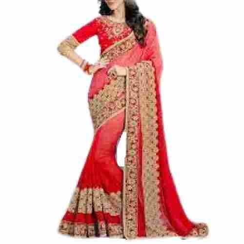 Ladies Red And Golden Embroidered Cotton Saree