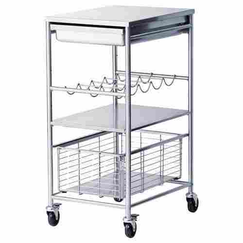 Four Wheel Portable Polished Silver Stainless Steel Kitchen Trolley