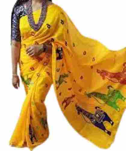 Women Party Wear Printed Yellow Cotton Silk Saree