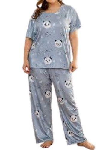 Grey Plain Dyed Printed Short Sleeve Polyester Pajama Suit For Women