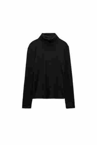 Long Sleeve Plain Pattern High Neck Cotton T Shirt For Women