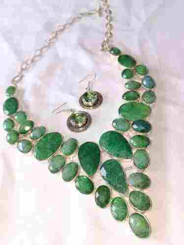 Ladies Precious Stone Necklace Earring Set For Party Wear