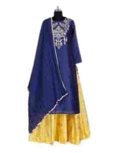 Ladies Yellow With Blue Printed Full Sleeve Silk Suit
