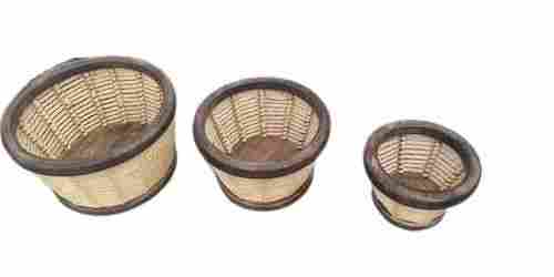 Set Of Three Floor Standing Round Wooden Fruit Basket