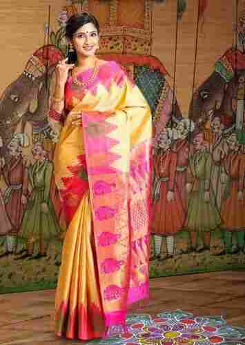 Mysore Silk Golden And Pink Kanjivaram Silk Saree 