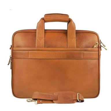 Blue Easy To Carry Brown Leather Zipper Top Laptop Carry Bag