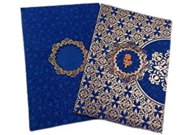 Glossy Printed Royal Blue And Golden Color Folding Style Wedding Invitation Card