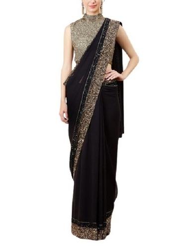 Plain Black Party Wear Light Weight Beautiful Chiffon Sequin Embellished Saree With Blouse