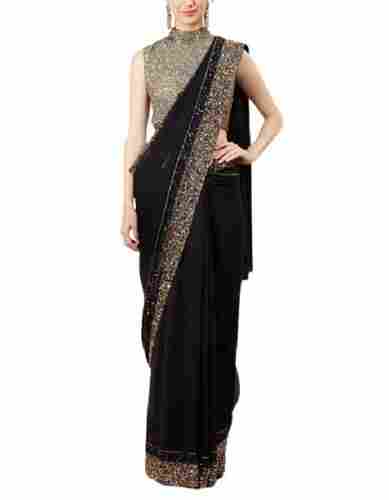 Black Party Wear Light Weight Beautiful Chiffon Sequin Embellished Saree With Blouse