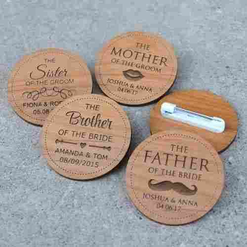 Customized Round Shape Wooden Engraved Badges For Marriages