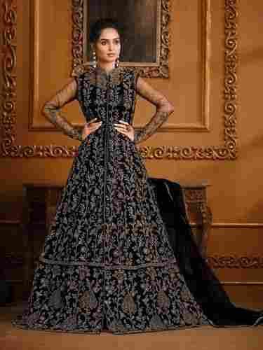 Ladies Designer Party Wear Black Soft Net Heavy Embroidery Kurta Set