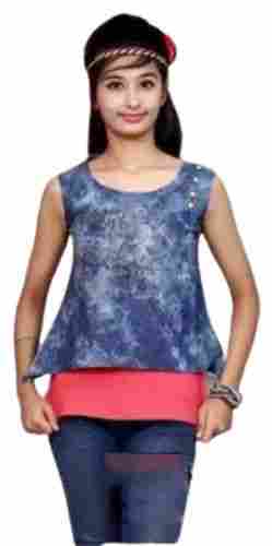 Round Neck Casual Wear Sleeveless Printed Polyester Top For Girls