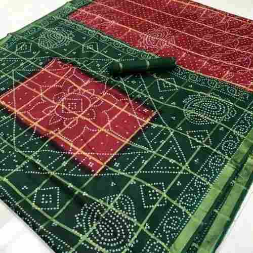 Lustrous Smooth Printed Pattern Resam Embroidered Bandhani Style Silk Saree