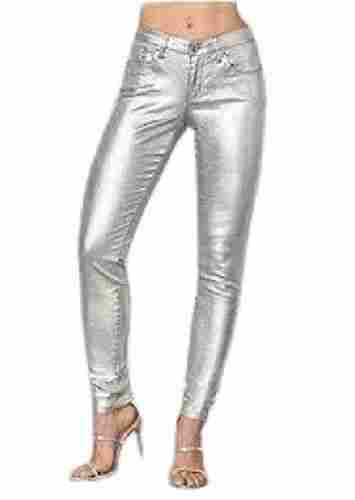 Women Slim Fit Silver Plain Silk Casual Pant 