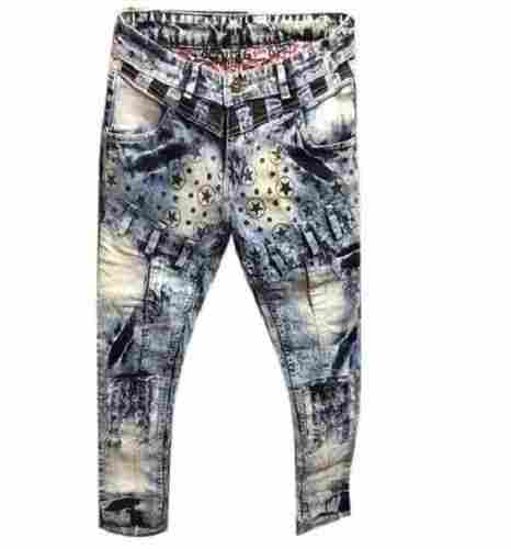 Zipper Closure Washed Printed Denim Jeans For Mens