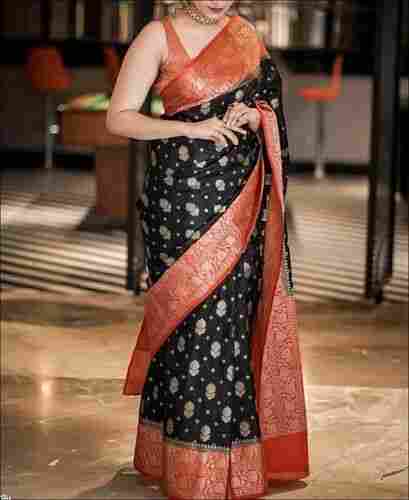Party Wear Ladies Black Red Silk Saree 6.3 M (With Blouse Piece)