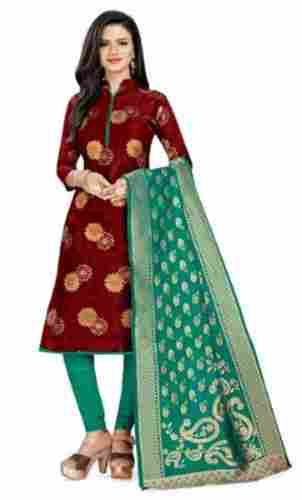 3/4th Sleeve Printed Party Wear Banarasi Cotton Silk Suit For Ladies
