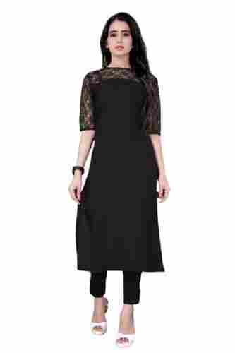 3/4th Sleeves Round Neck Straight Plain Crepe And Net Kurti For Ladies 