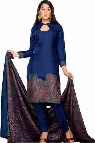 Ladies Unstitched Blue Cotton Silk Suit Set With Dupatta