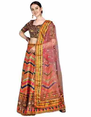 Round Neck And Short Sleeves Party Wear Printed Silk Lehenga For Ladies