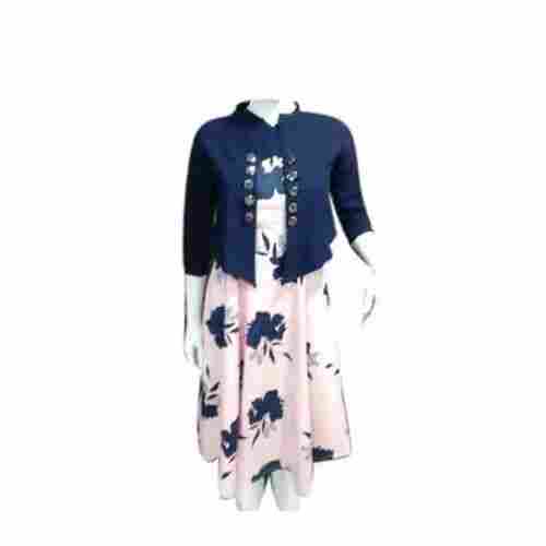 3/4th Sleeves Printed Casual Wear Cotton Dress With Denim Jacket
