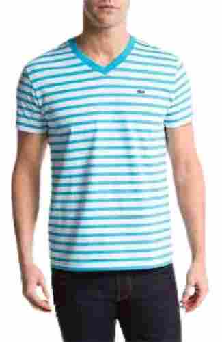 Breathable V Neck Short Sleeve Striped Printed Cotton T Shirt For Men