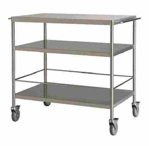 Manual Operated Rectangular Satinless Steel Kitchen Trolley With 3 Racks And 4 Wheels