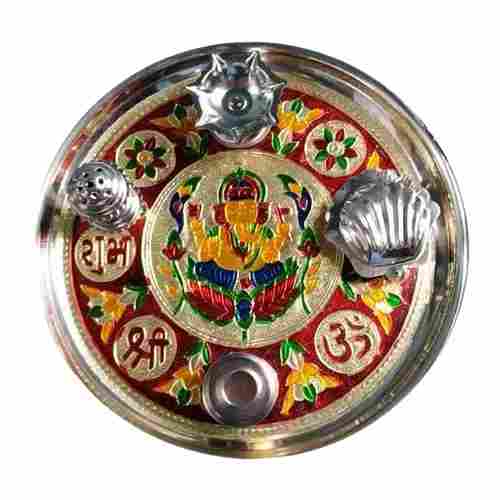 250 Grams 10 Inches Polished Stainless Steel Pooja Thali With 4 Holders