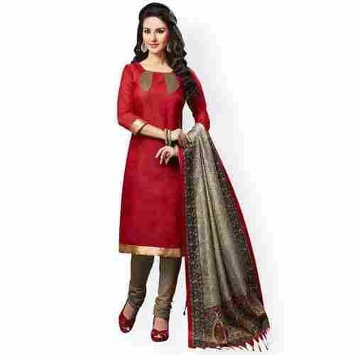 3/4th Sleeves Plain Dyed Silk And Cotton Salwar Suit With Dupatta For Ladies