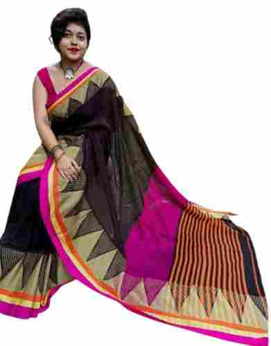 Multicolor Fancy Printed Handloom Cotton Saree With Blouse Piece