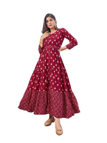 Multicolor Washable 3/4Th Sleeves Casual Wear Cotton Printed Anarkali Kurti Bust Size: 34 Inch (In)