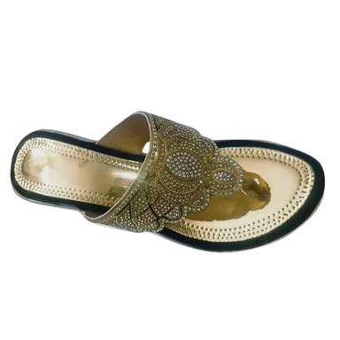 Golden Tpr Sole Synthetic Upper Slip On Style Flat Party Wear Slipper For Ladies 