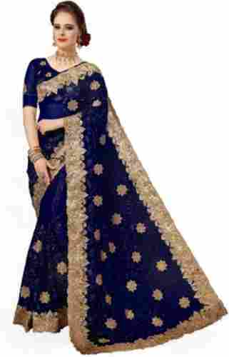 Embroidered Georgette Party Wear Blue Designer Sarees For Ladies