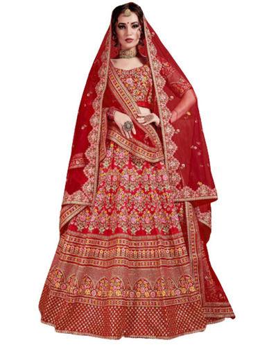 Red Crushed Velvet Floral Embroidered Bridal Lehenga With Net Designer Dupatta