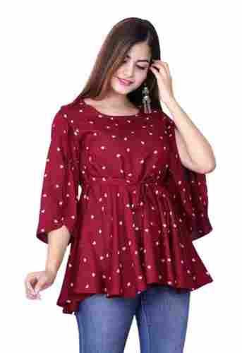 3/4th Sleeves Round Neck Printed Soft Rayon Western Top For Ladies