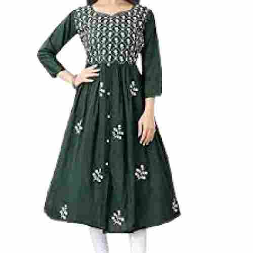Dark Green With White Embroidered 3-4 Th Sleeve Rayon Kurti