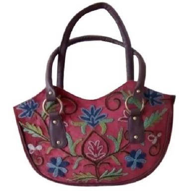 Maroon Easy To Carry Shoulder Handle Embroidery Ladies Fancy Handbag