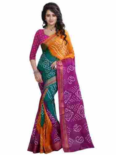 Multicolor Printed Cotton Silk Bandhani Saree With Blouse For Daily Wear