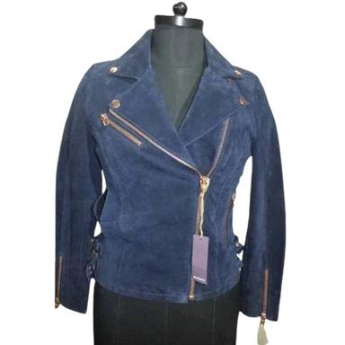 Blue Full Sleeve Casual Wear Plain Goat Leather Jacket For Women