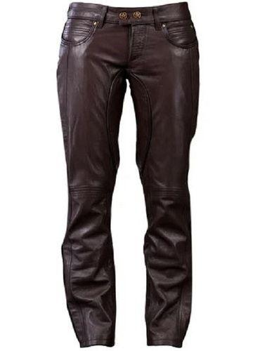 Brown Straight Fit Plain Winter Leather Trouser For Mens