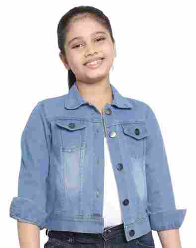 Full Sleeves Button Closure Plain Dyed Denim Jacket For Girls