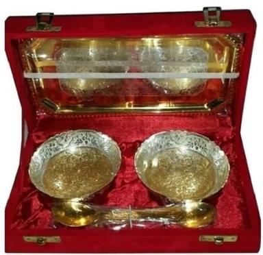 Golden Gold Polished Brass Bowl Set With Two Spoon
