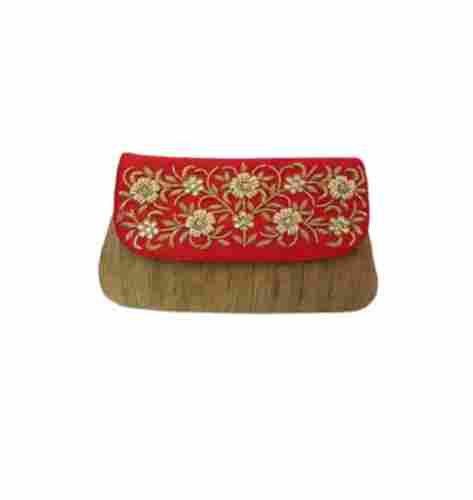 Embroidered Red Brocade With Zardosi Work Genuine Leather Ladies Clutch Bags